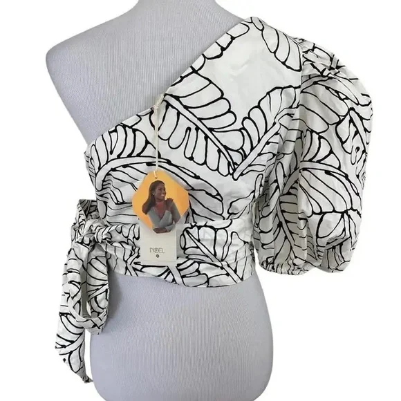 Sketch Palm Leaf Print Wrap Tie One Shoulder Top - Picture 4 of 16